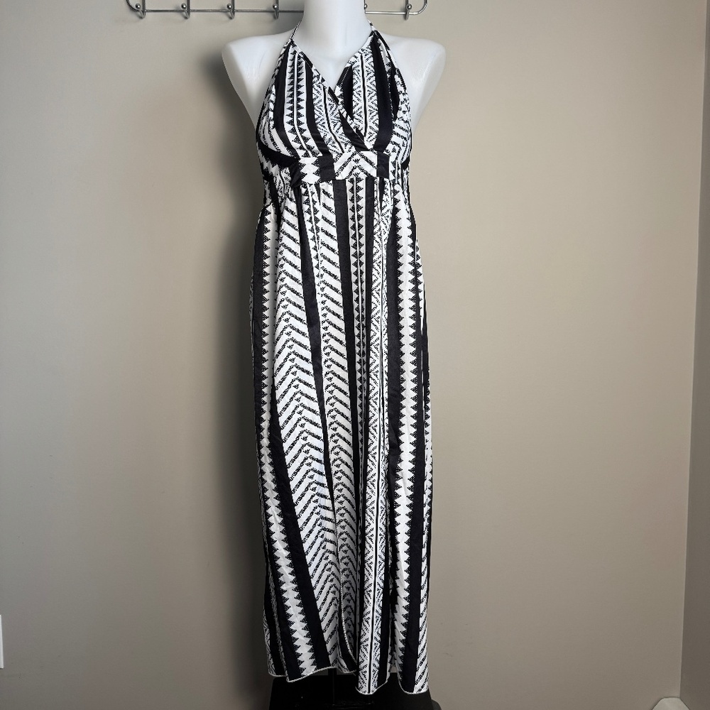 NIAY Women's 6 Aztec Halter Maxi Beach Dress Spaghetti Straps Side Slits B & W